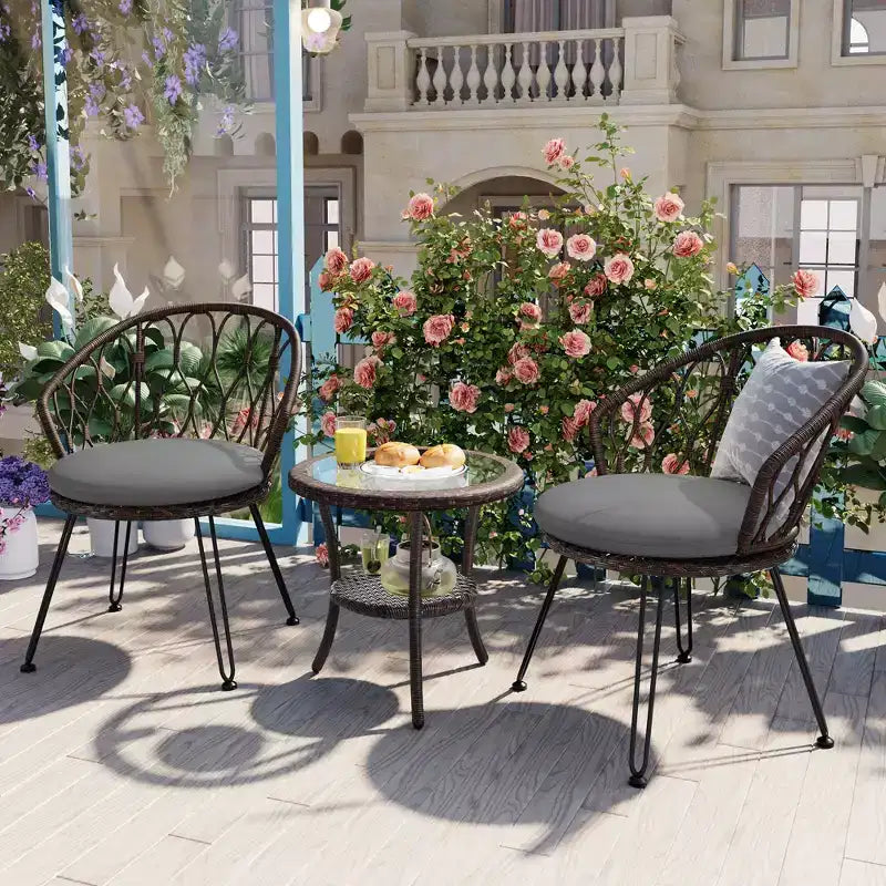 GDFStudio Tony Ensemble de loisirs 3 pièces en rotin pour extérieur avec chaises et table ronde en verre