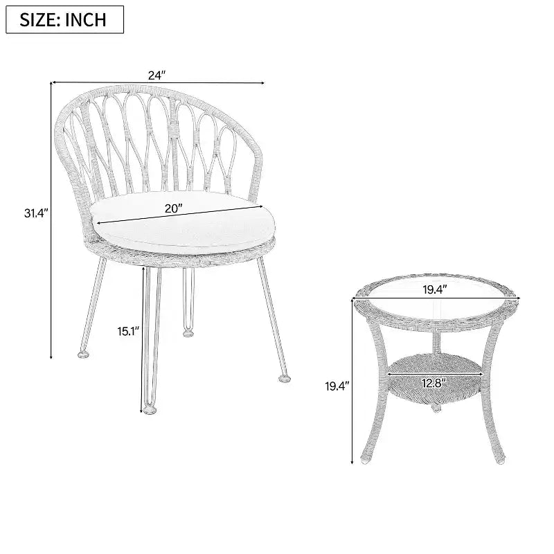 GDFStudio Tony Ensemble de loisirs 3 pièces en rotin pour extérieur avec chaises et table ronde en verre
