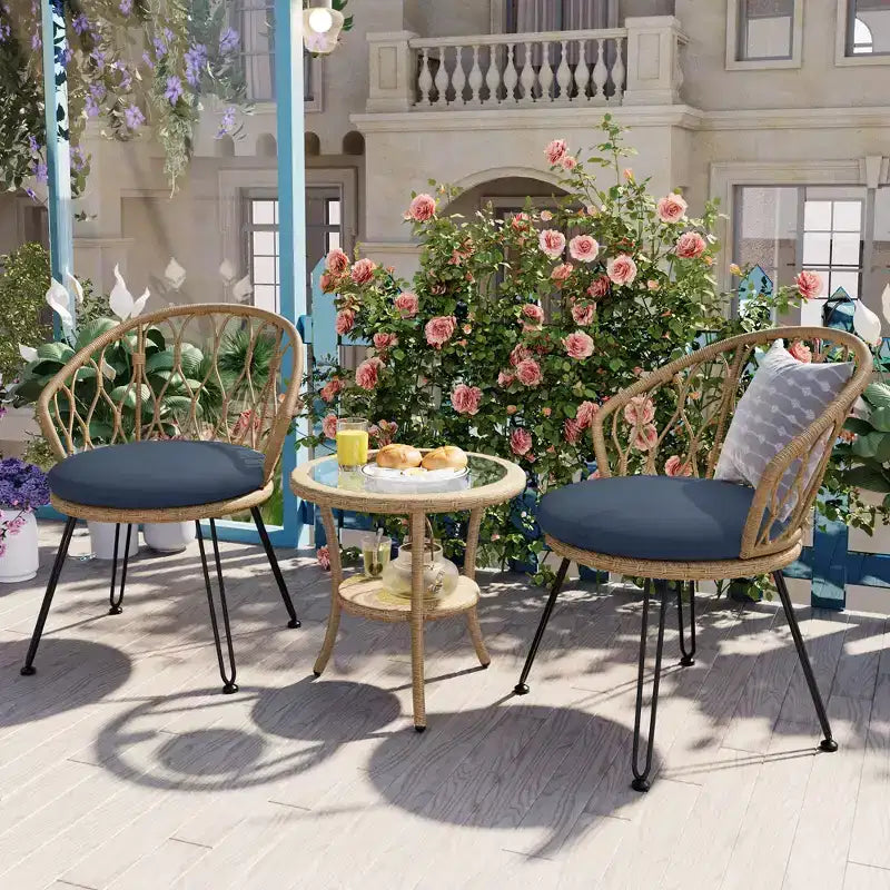 GDFStudio Tony Ensemble de loisirs 3 pièces en rotin pour extérieur avec chaises et table ronde en verre