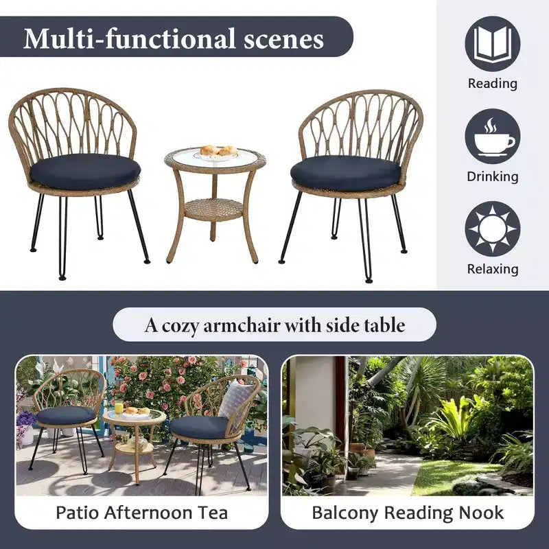 GDFStudio Tony Ensemble de loisirs 3 pièces en rotin pour extérieur avec chaises et table ronde en verre