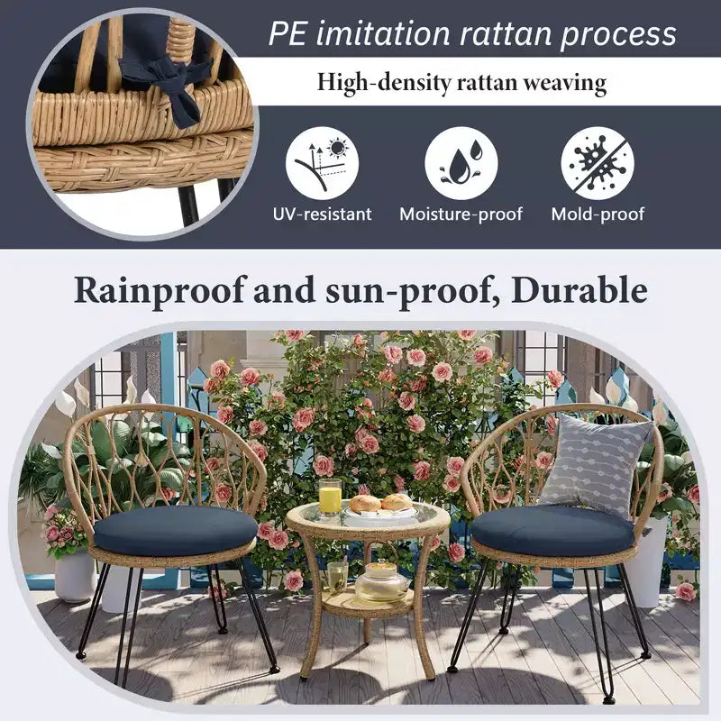 GDFStudio Tony Ensemble de loisirs 3 pièces en rotin pour extérieur avec chaises et table ronde en verre