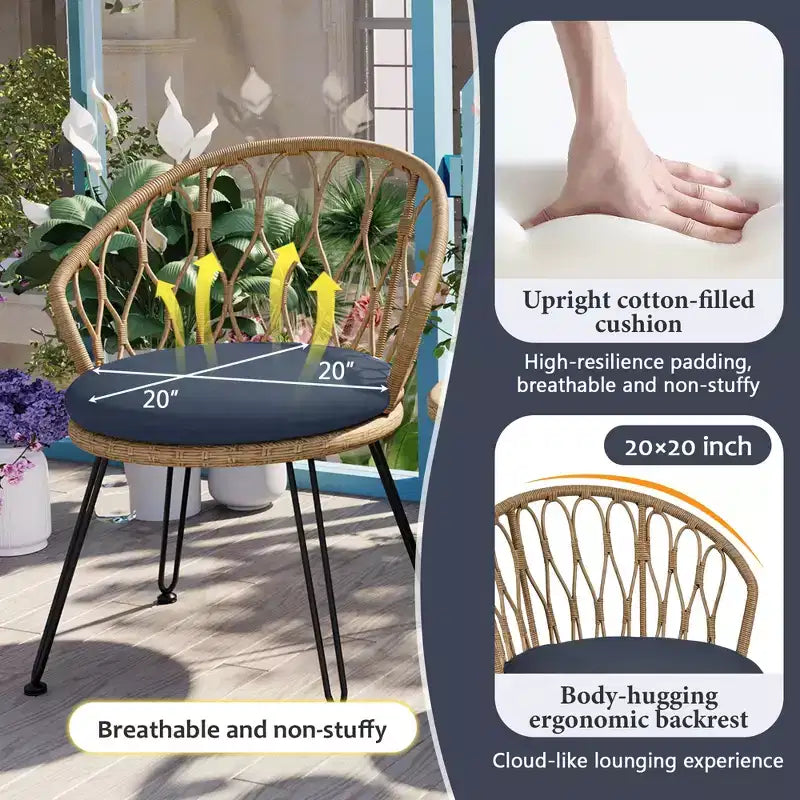 GDFStudio Tony Ensemble de loisirs 3 pièces en rotin pour extérieur avec chaises et table ronde en verre