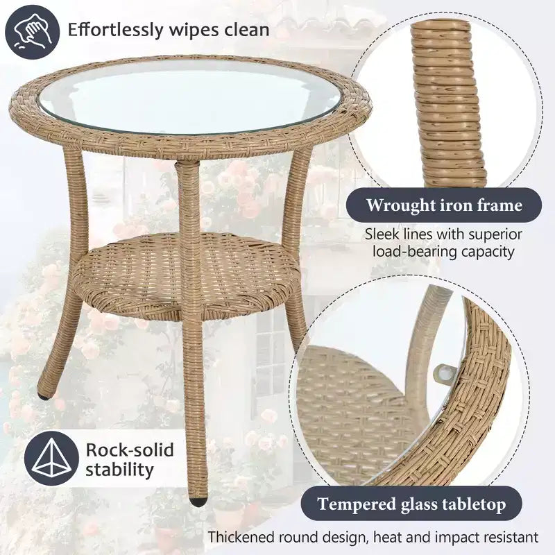 GDFStudio Tony Ensemble de loisirs 3 pièces en rotin pour extérieur avec chaises et table ronde en verre