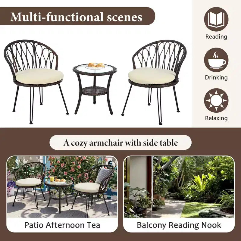 GDFStudio Tony Ensemble de loisirs 3 pièces en rotin pour extérieur avec chaises et table ronde en verre