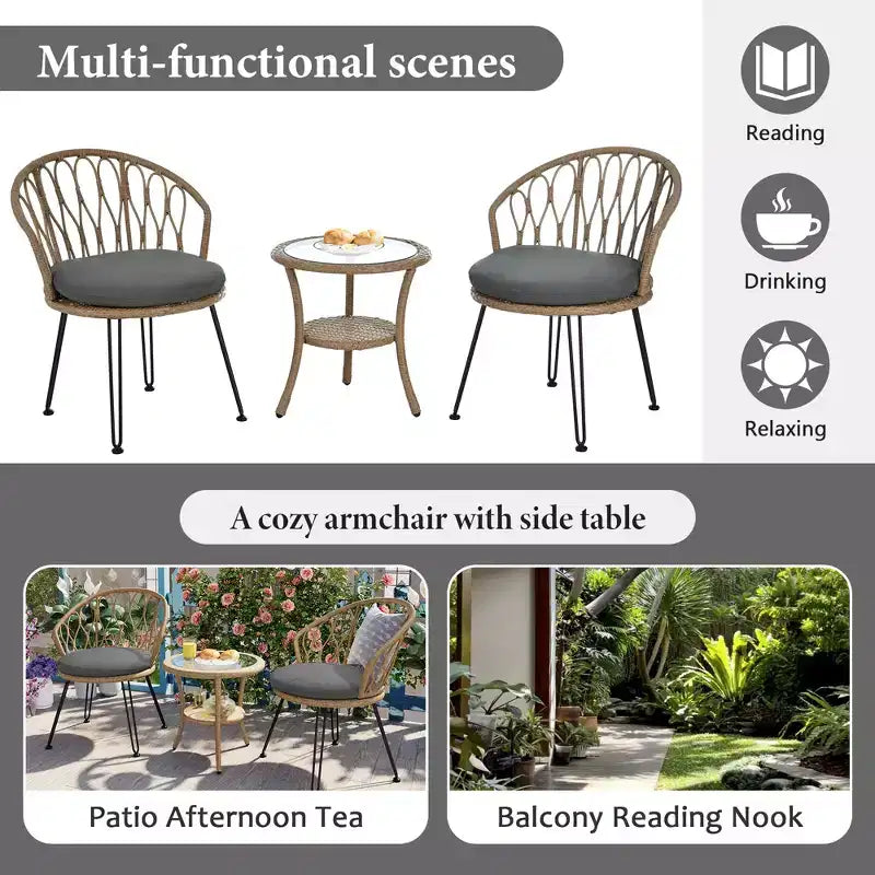 GDFStudio Tony Ensemble de loisirs 3 pièces en rotin pour extérieur avec chaises et table ronde en verre
