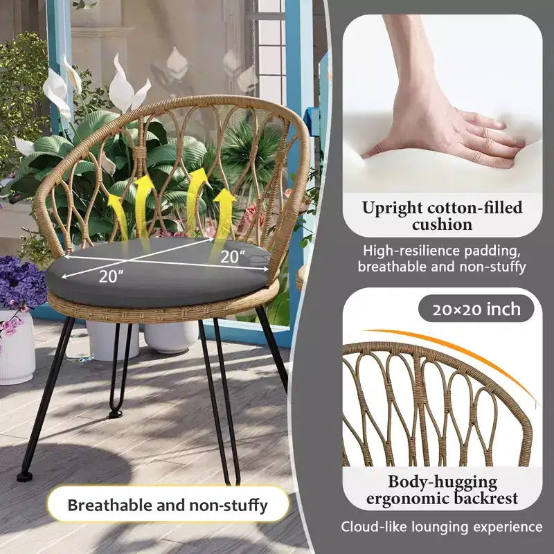GDFStudio Tony Ensemble de loisirs 3 pièces en rotin pour extérieur avec chaises et table ronde en verre