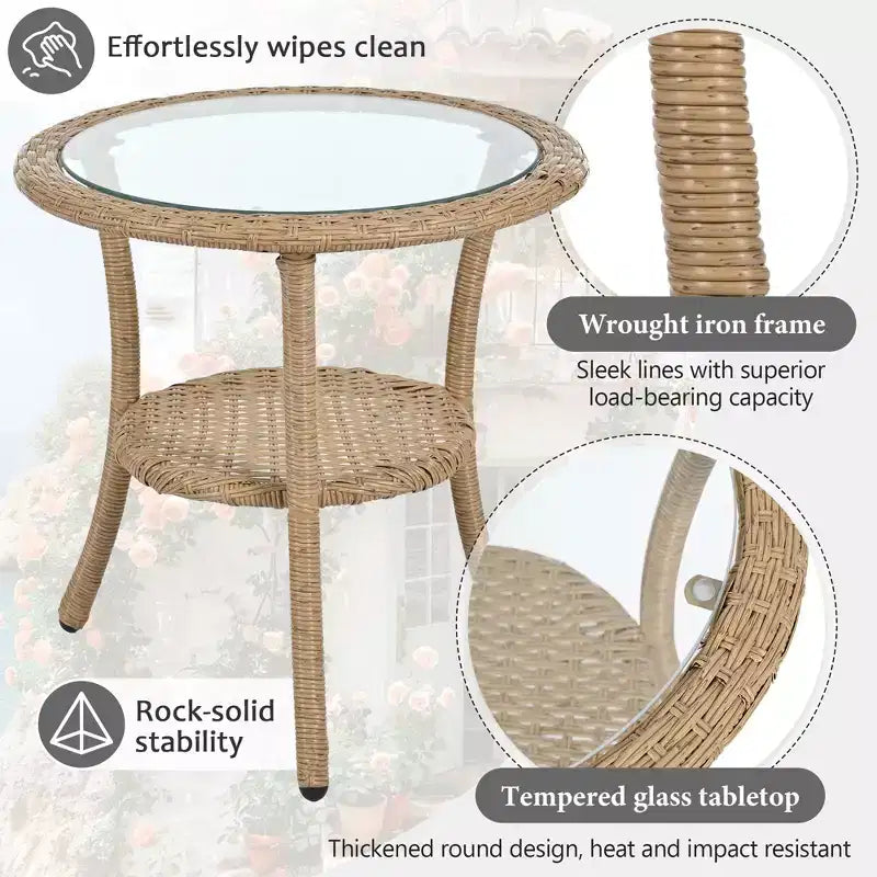 GDFStudio Tony Ensemble de loisirs 3 pièces en rotin pour extérieur avec chaises et table ronde en verre