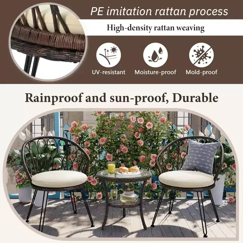 GDFStudio Tony Ensemble de loisirs 3 pièces en rotin pour extérieur avec chaises et table ronde en verre