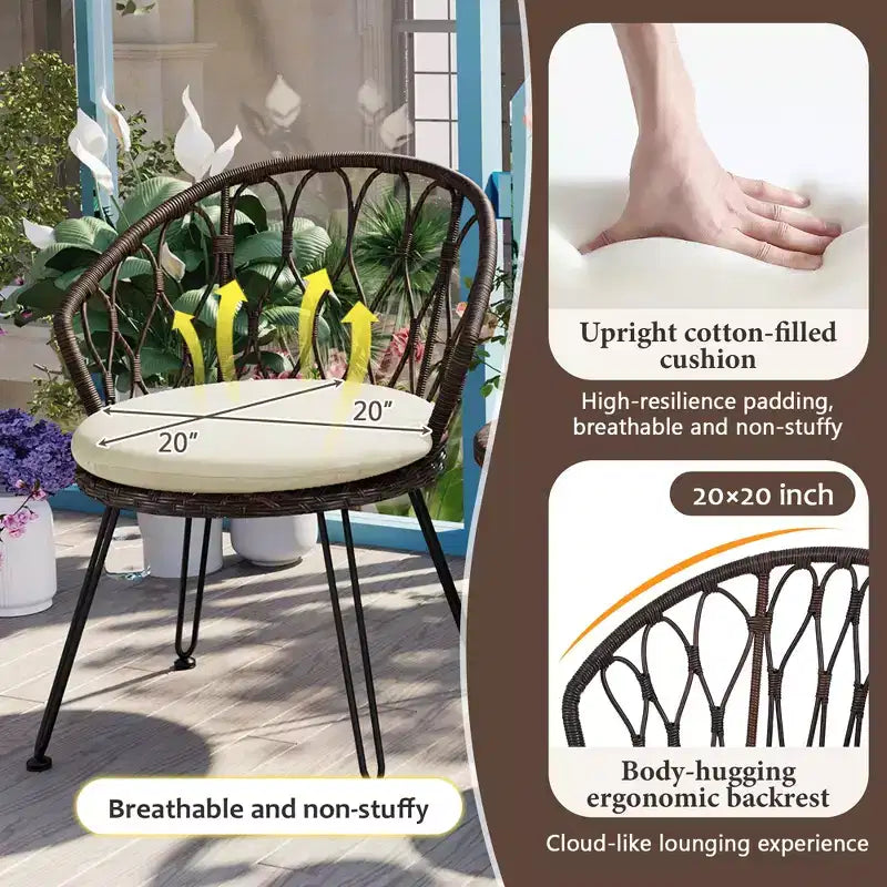 GDFStudio Tony Ensemble de loisirs 3 pièces en rotin pour extérieur avec chaises et table ronde en verre