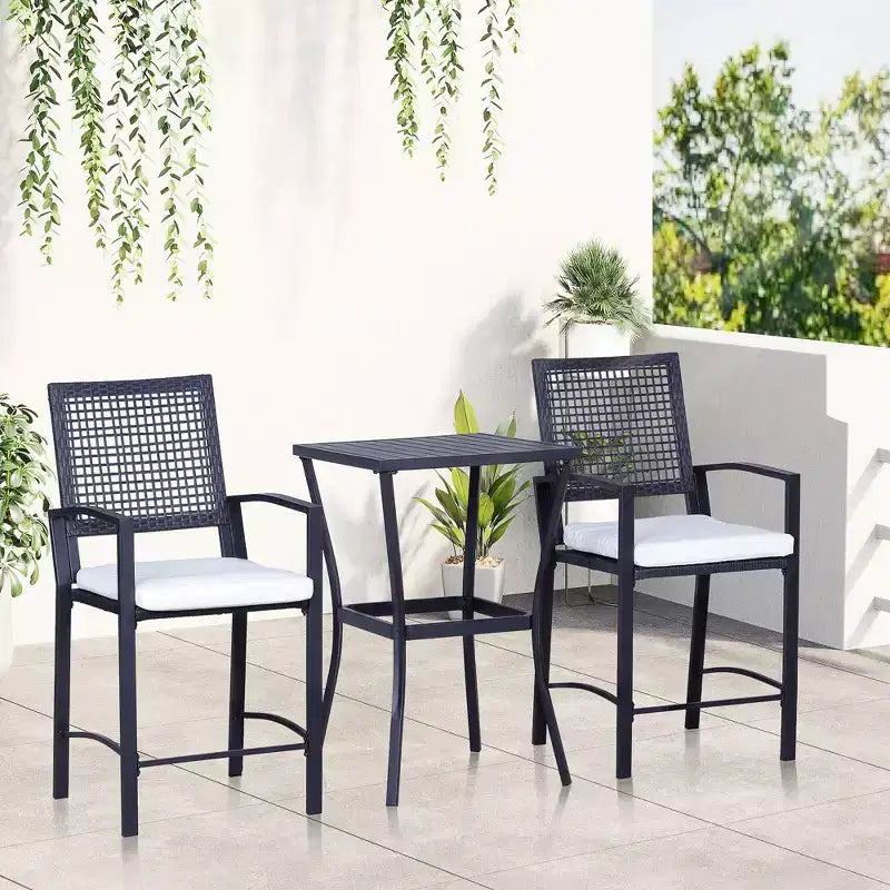 Ensemble de bar de terrasse 3 pièces avec coussins moelleux, mobilier d'extérieur en rotin pour jardin, pelouse, terrasse