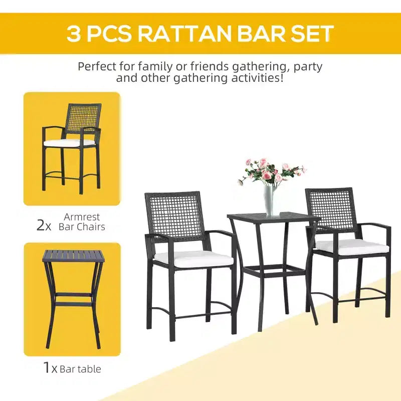 Ensemble de bar de terrasse 3 pièces avec coussins moelleux, mobilier d'extérieur en rotin pour jardin, pelouse, terrasse