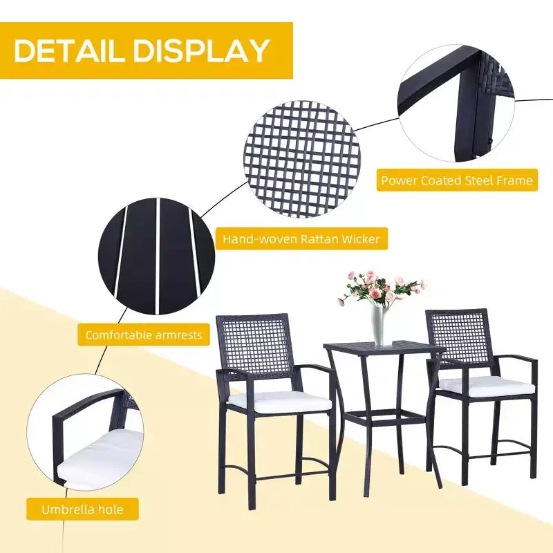 Ensemble de bar de terrasse 3 pièces avec coussins moelleux, mobilier d'extérieur en rotin pour jardin, pelouse, terrasse