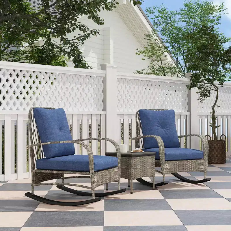 Ensemble de mobilier de patio en osier 3 pièces, chaises à bascule en rotin PE d'extérieur avec table basse, coussins pour véranda