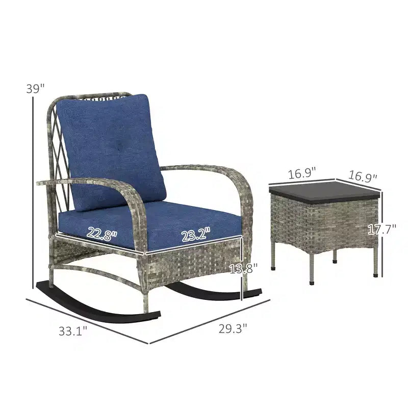 Ensemble de mobilier de patio en osier 3 pièces, chaises à bascule en rotin PE d'extérieur avec table basse, coussins pour véranda