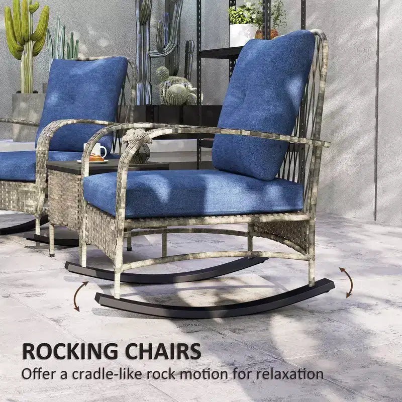 Ensemble de mobilier de patio en osier 3 pièces, chaises à bascule en rotin PE d'extérieur avec table basse, coussins pour véranda
