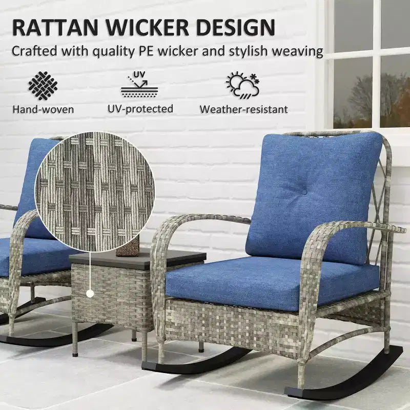 Ensemble de mobilier de patio en osier 3 pièces, chaises à bascule en rotin PE d'extérieur avec table basse, coussins pour véranda