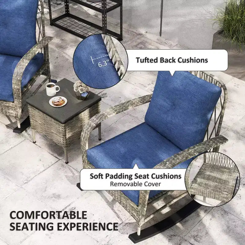 Ensemble de mobilier de patio en osier 3 pièces, chaises à bascule en rotin PE d'extérieur avec table basse, coussins pour véranda