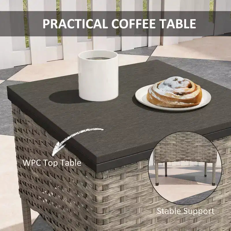 Ensemble de mobilier de patio en osier 3 pièces, chaises à bascule en rotin PE d'extérieur avec table basse, coussins pour véranda