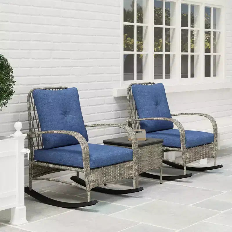 Ensemble de mobilier de patio en osier 3 pièces, chaises à bascule en rotin PE d'extérieur avec table basse, coussins pour véranda