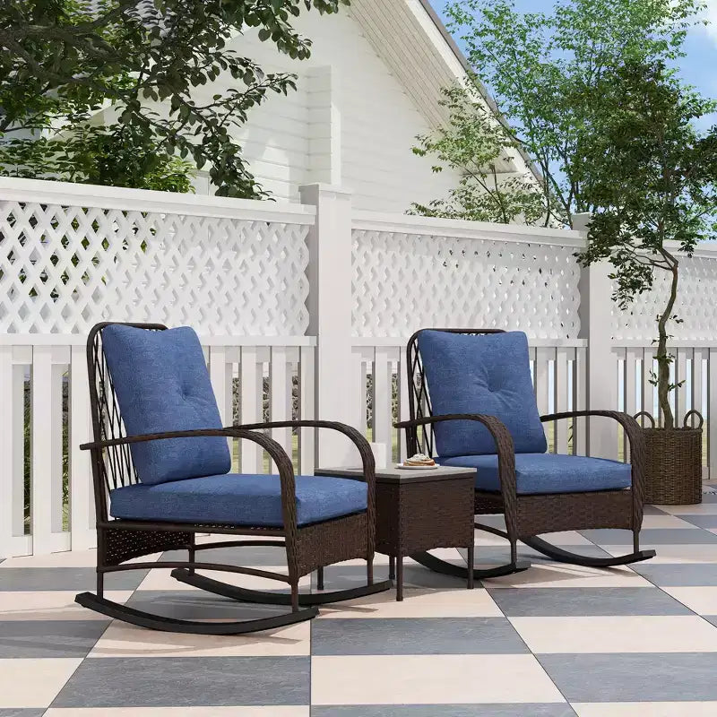 Ensemble de mobilier de patio en osier 3 pièces, chaises à bascule en rotin PE d'extérieur avec table basse, coussins pour véranda