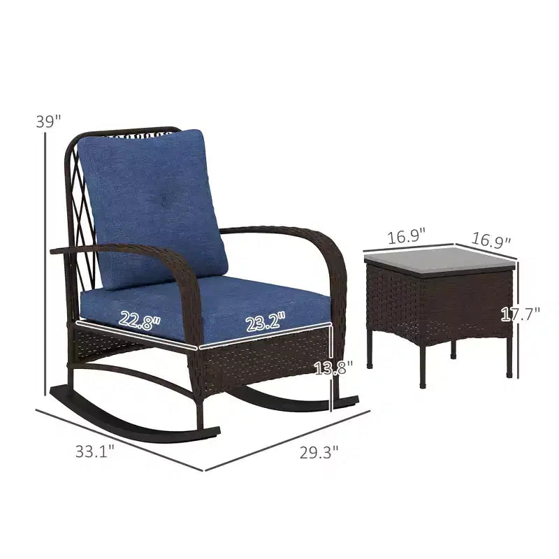 Ensemble de mobilier de patio en osier 3 pièces, chaises à bascule en rotin PE d'extérieur avec table basse, coussins pour véranda