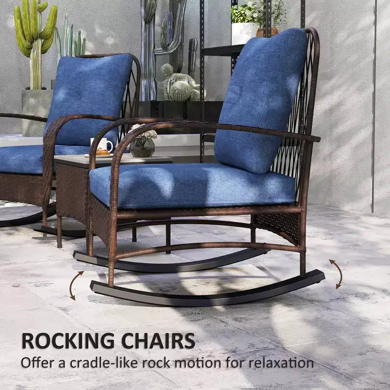 Ensemble de mobilier de patio en osier 3 pièces, chaises à bascule en rotin PE d'extérieur avec table basse, coussins pour véranda