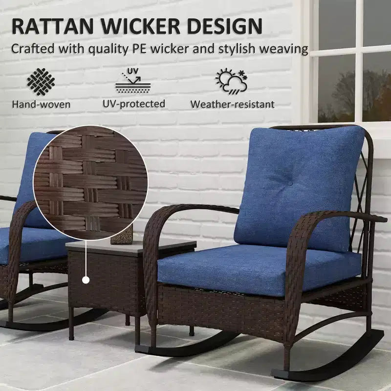 Ensemble de mobilier de patio en osier 3 pièces, chaises à bascule en rotin PE d'extérieur avec table basse, coussins pour véranda