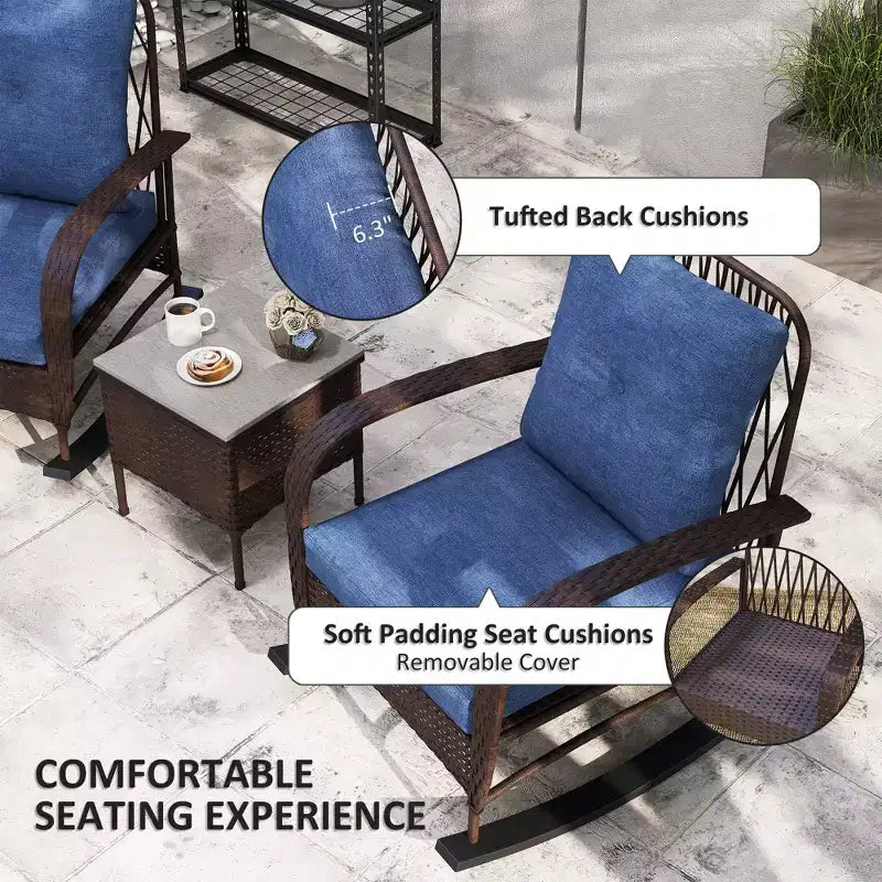 Ensemble de mobilier de patio en osier 3 pièces, chaises à bascule en rotin PE d'extérieur avec table basse, coussins pour véranda