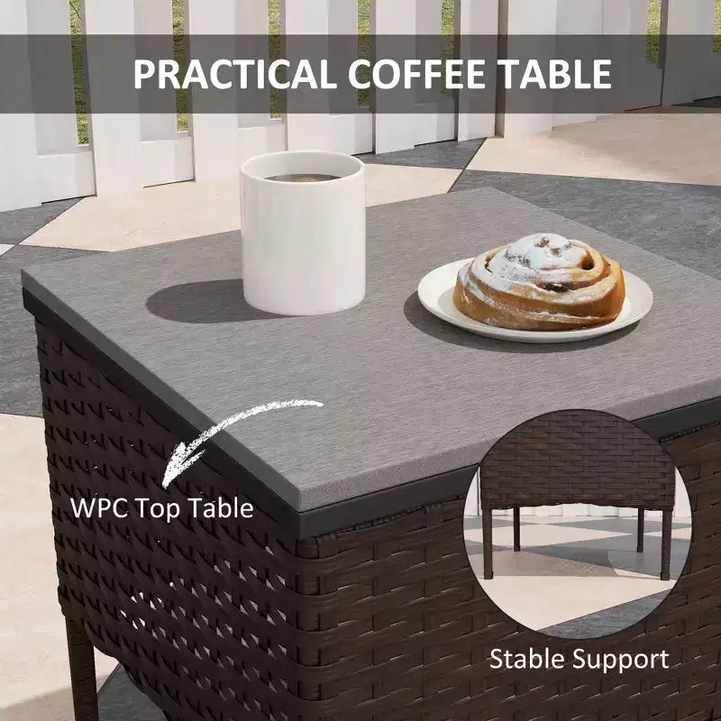 Ensemble de mobilier de patio en osier 3 pièces, chaises à bascule en rotin PE d'extérieur avec table basse, coussins pour véranda