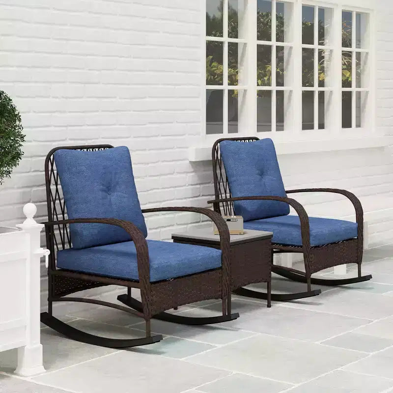 Ensemble de mobilier de patio en osier 3 pièces, chaises à bascule en rotin PE d'extérieur avec table basse, coussins pour véranda