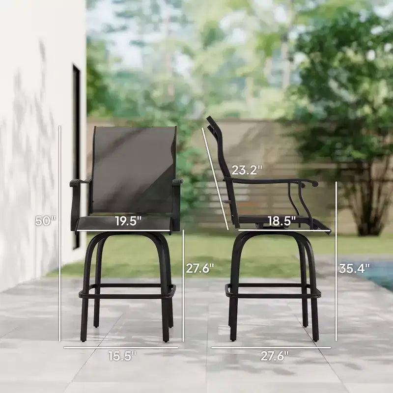 Lot de 2 tabourets de bar pivotants d'extérieur avec accoudoirs, chaises de terrasse hauteur bar avec cadre en acier pour balcon, bord de piscine