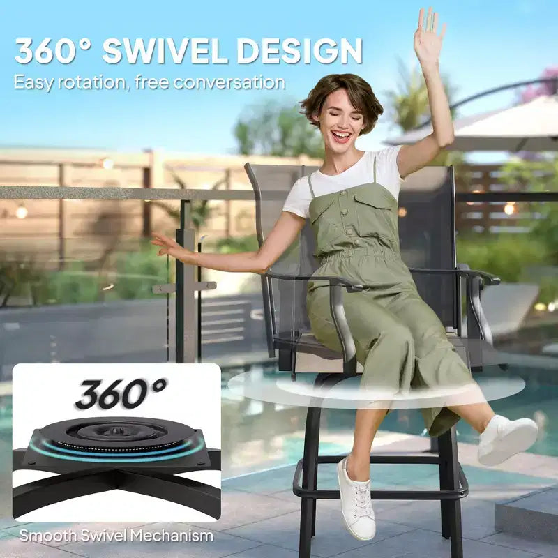 Lot de 2 tabourets de bar pivotants d'extérieur avec accoudoirs, chaises de terrasse hauteur bar avec cadre en acier pour balcon, bord de piscine