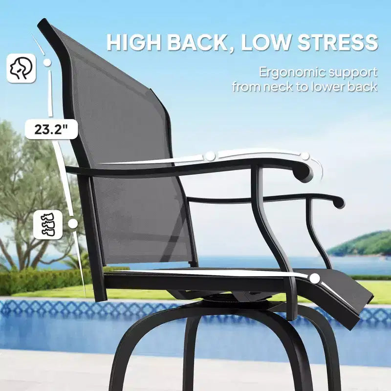Lot de 2 tabourets de bar pivotants d'extérieur avec accoudoirs, chaises de terrasse hauteur bar avec cadre en acier pour balcon, bord de piscine