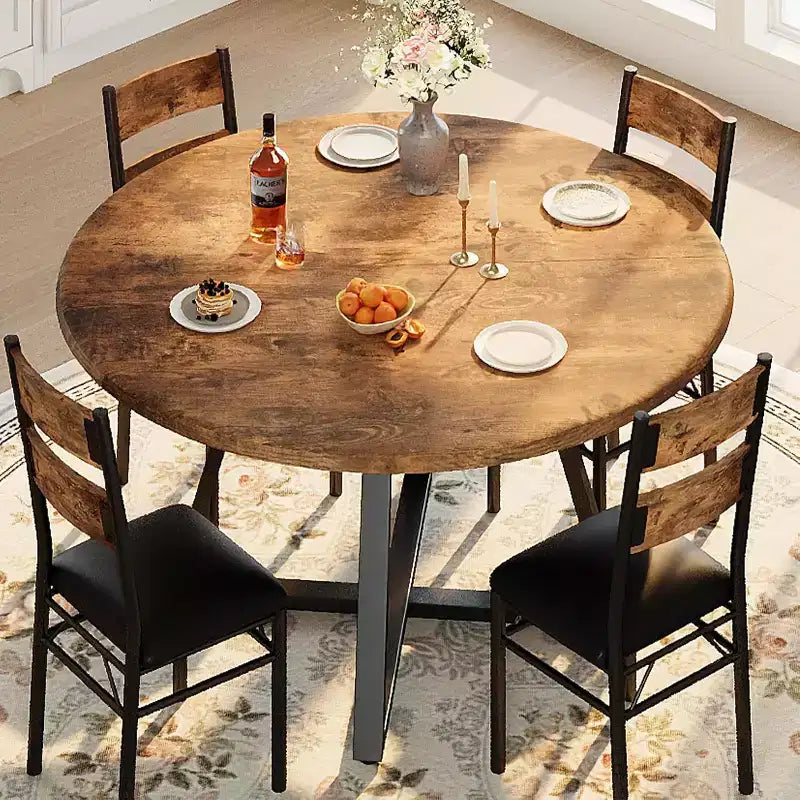 Ensemble Table et Chaises de Salle à Manger Rond pour 4 Personnes, Table de Cuisine et Chaises Circulaires en Bois 5 Pièces pour 4, avec 4 Chaises Rembourrées, Cadre Épais et Robuste