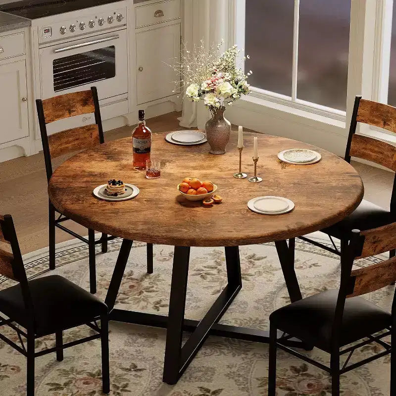 Ensemble Table et Chaises de Salle à Manger Rond pour 4 Personnes, Table de Cuisine et Chaises Circulaires en Bois 5 Pièces pour 4, avec 4 Chaises Rembourrées, Cadre Épais et Robuste