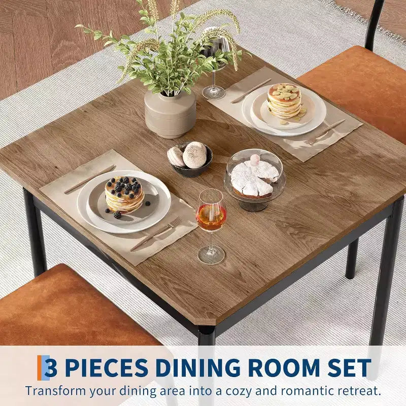 Ensemble de salle à manger 3 pièces avec 2 chaises rembourrées, table et chaises à la finition ton sur ton pour la maison et l'appartement, design peu encombrant avec surface facile à nettoyer, marron