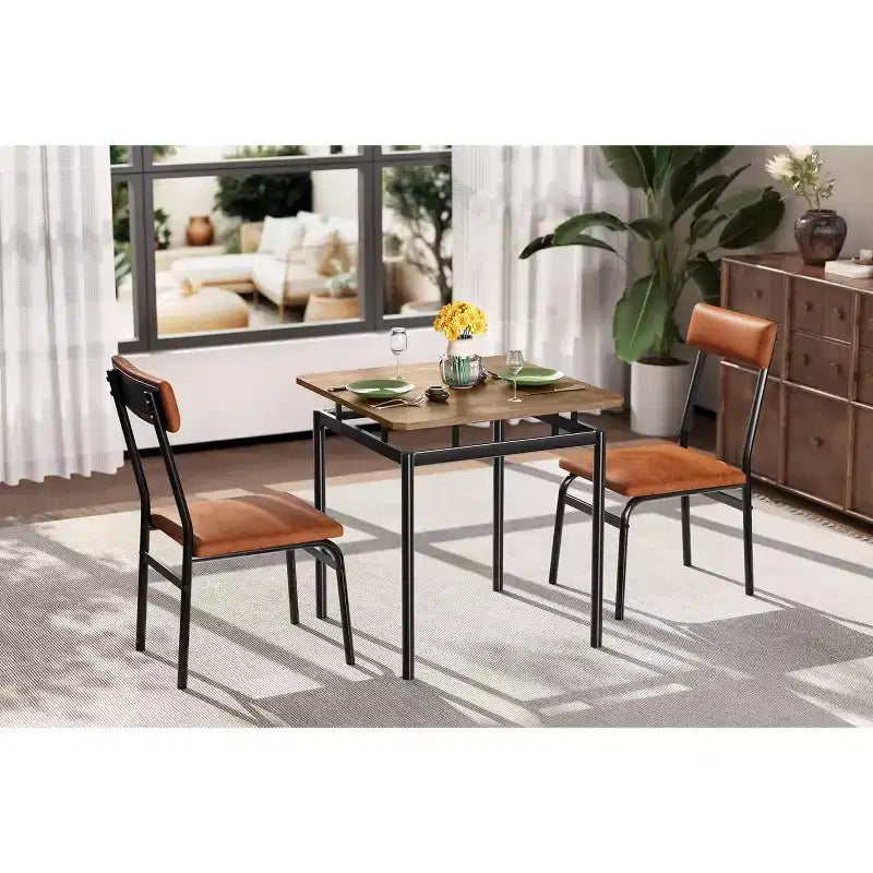 Ensemble de salle à manger 3 pièces avec 2 chaises rembourrées, table et chaises à la finition ton sur ton pour la maison et l'appartement, design peu encombrant avec surface facile à nettoyer, marron