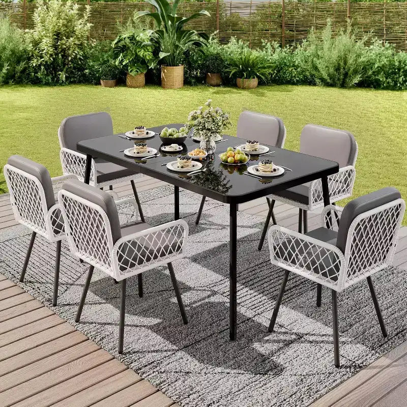 Ensemble de salle à manger d'extérieur 7 pièces pour 6 personnes, table en verre trempé de 150 cm avec cadre métallique et 6 chaises en rotin, mobilier de patio pour jardin, arrière-cour, bord de piscine
