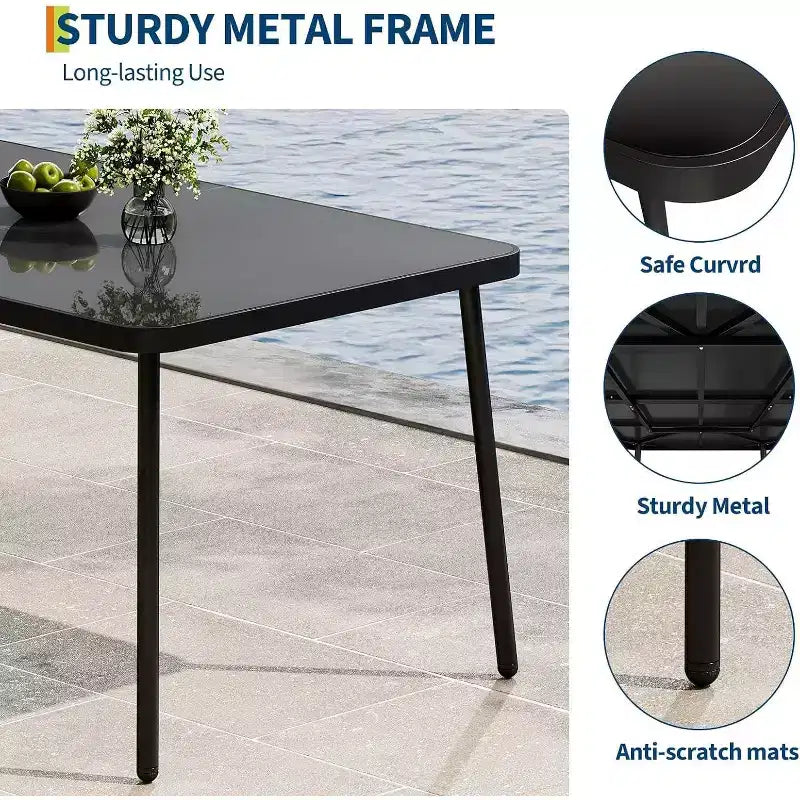 Ensemble de salle à manger d'extérieur 7 pièces pour 6 personnes, table en verre trempé de 150 cm avec cadre métallique et 6 chaises en rotin, mobilier de patio pour jardin, arrière-cour, bord de piscine