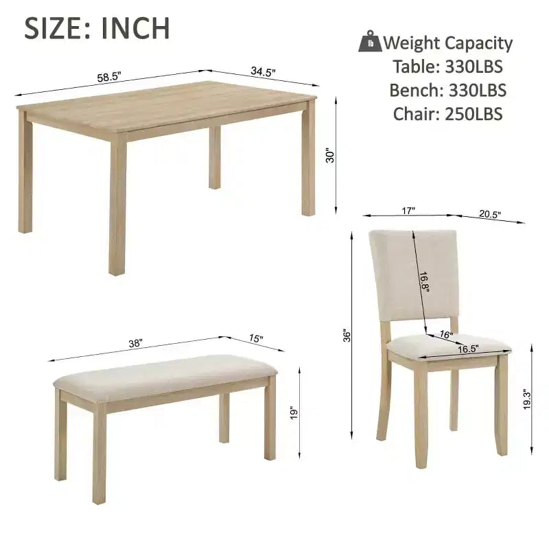 Ensemble de salle à manger moderne 6 pièces en bois avec banc et 4 chaises rembourrées, ensemble de table de cuisine rectangulaire moderne pour salle à manger - Panipeachy