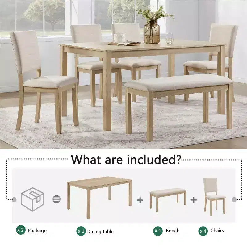 Ensemble de salle à manger moderne 6 pièces en bois avec banc et 4 chaises rembourrées, ensemble de table de cuisine rectangulaire moderne pour salle à manger - Panipeachy