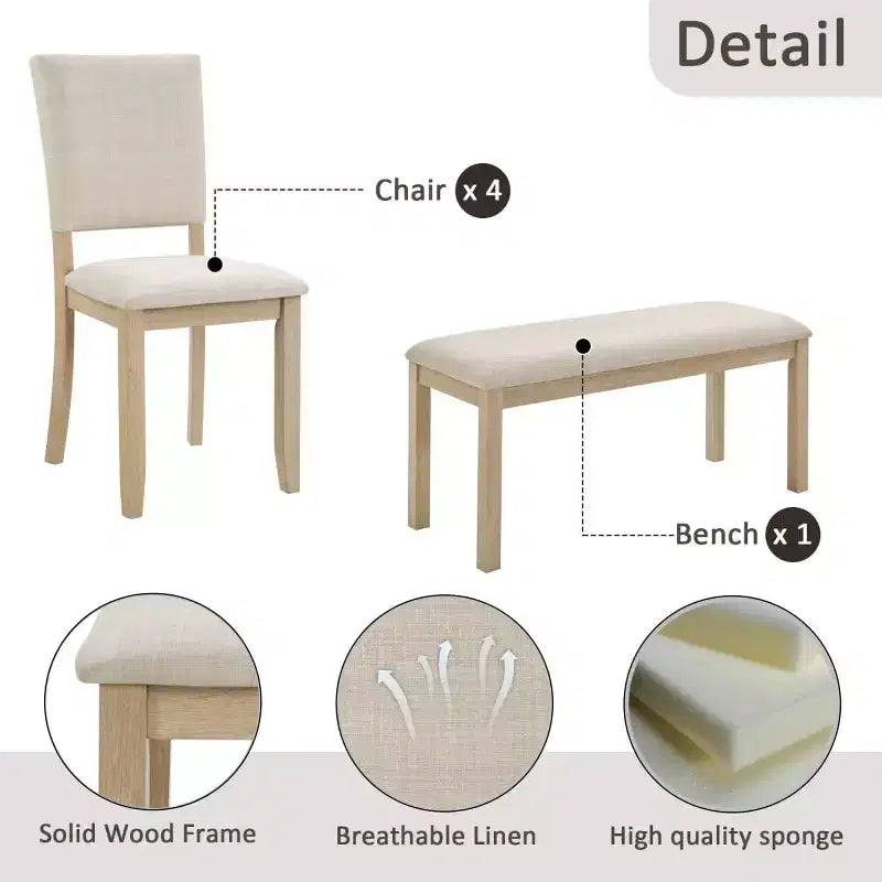 Ensemble de salle à manger moderne 6 pièces en bois avec banc et 4 chaises rembourrées, ensemble de table de cuisine rectangulaire moderne pour salle à manger - Panipeachy