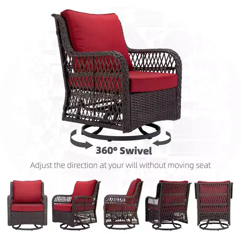 COZONY Salon de jardin 3 pièces en osier avec fauteuils pivotants à 360° et table d'appoint en verre trempé pour balcon, jardin ou terrasse