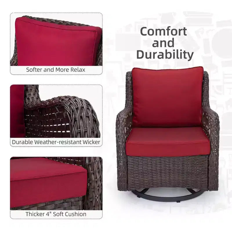 COZONY Salon de jardin 3 pièces en osier avec fauteuils pivotants à 360° et table d'appoint en verre trempé pour balcon, jardin ou terrasse