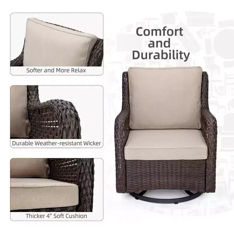 COZONY Salon de jardin 3 pièces en osier avec fauteuils pivotants à 360° et table d'appoint en verre trempé pour balcon, jardin ou terrasse
