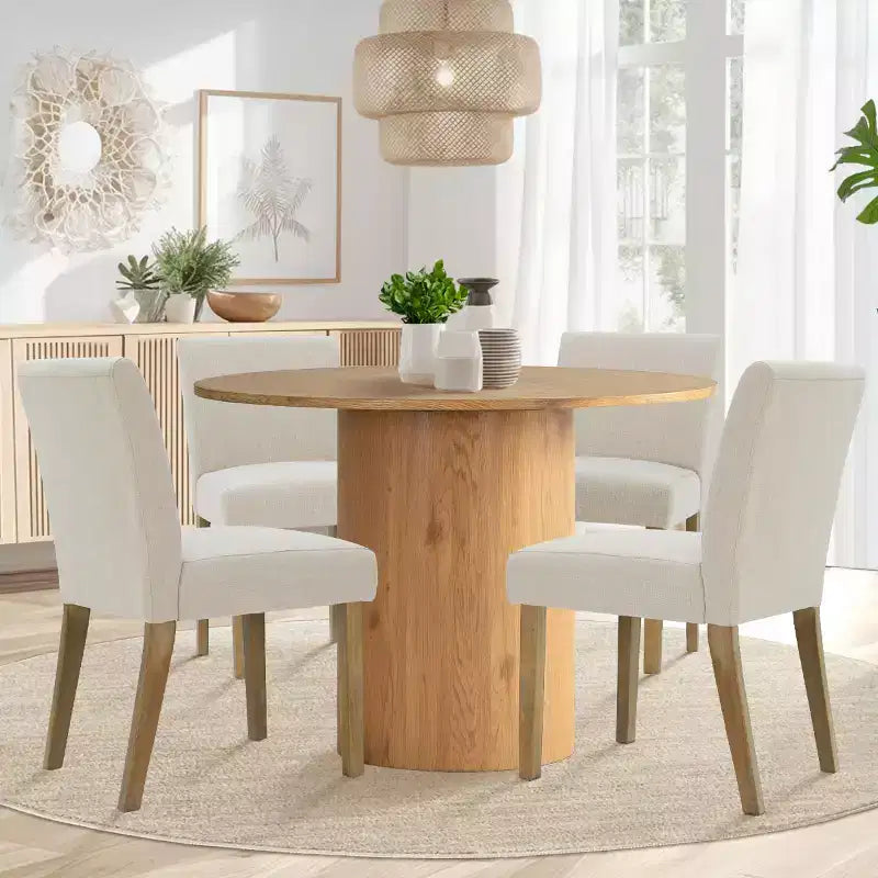 5-Piece Round Dining Table Set & 4 Upholstered Chairs, Modern Wood Pedestal Table Set for Kitchen, Breakfast Nook or Dining Room-Panipeachy