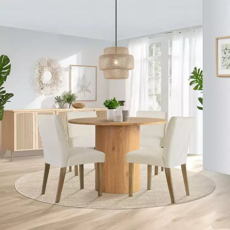 Ensemble table à manger ronde 5 pièces et 4 chaises rembourrées, ensemble de table à piédestal en bois moderne pour cuisine, coin petit-déjeuner ou salle à manger-Panipeachy