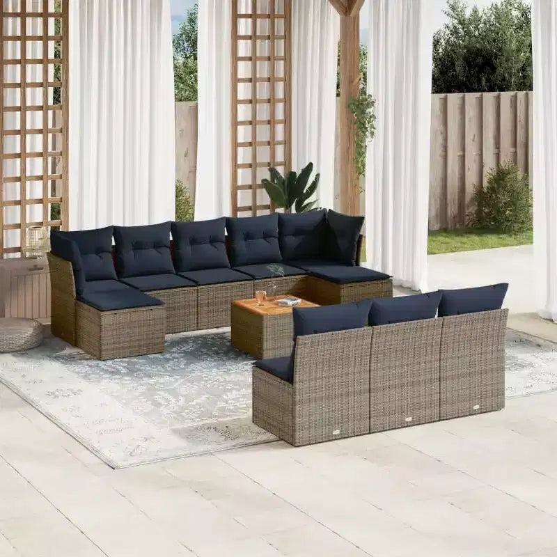 vidaXL Salon de jardin 11 pièces avec coussins Résine tressée noir - Noir et bleu
