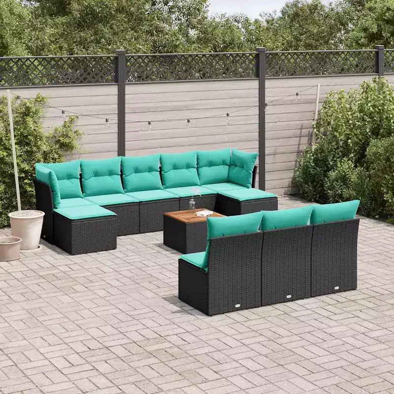 vidaXL Salon de jardin 11 pièces avec coussins Résine tressée noir - Noir et bleu