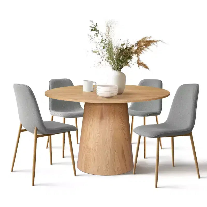 Ensemble de table à manger ronde 5 pièces en chêne, table piédestal 46 avec 4 chaises de salle à manger rembourrées, meubles de salle à manger modernes-Panipeachy